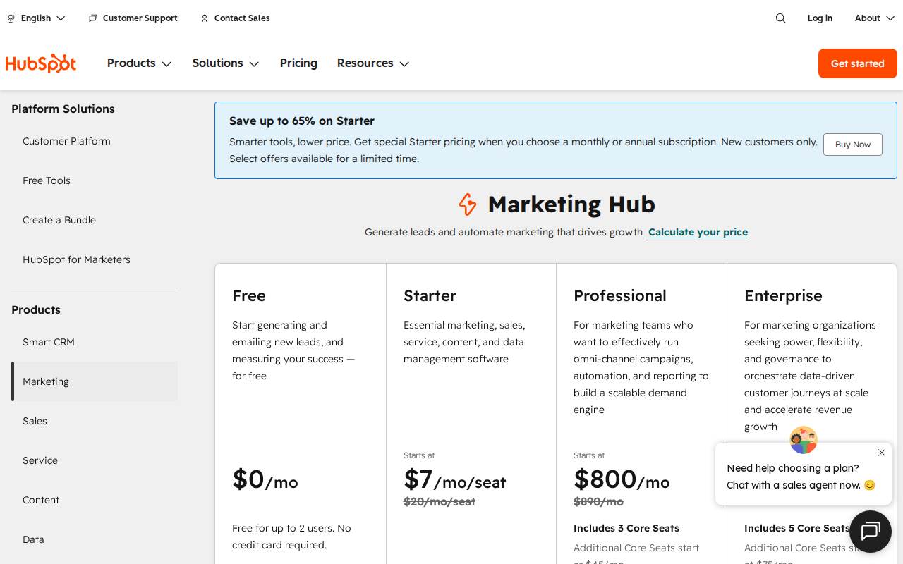 Pricing page for Marketing Hub