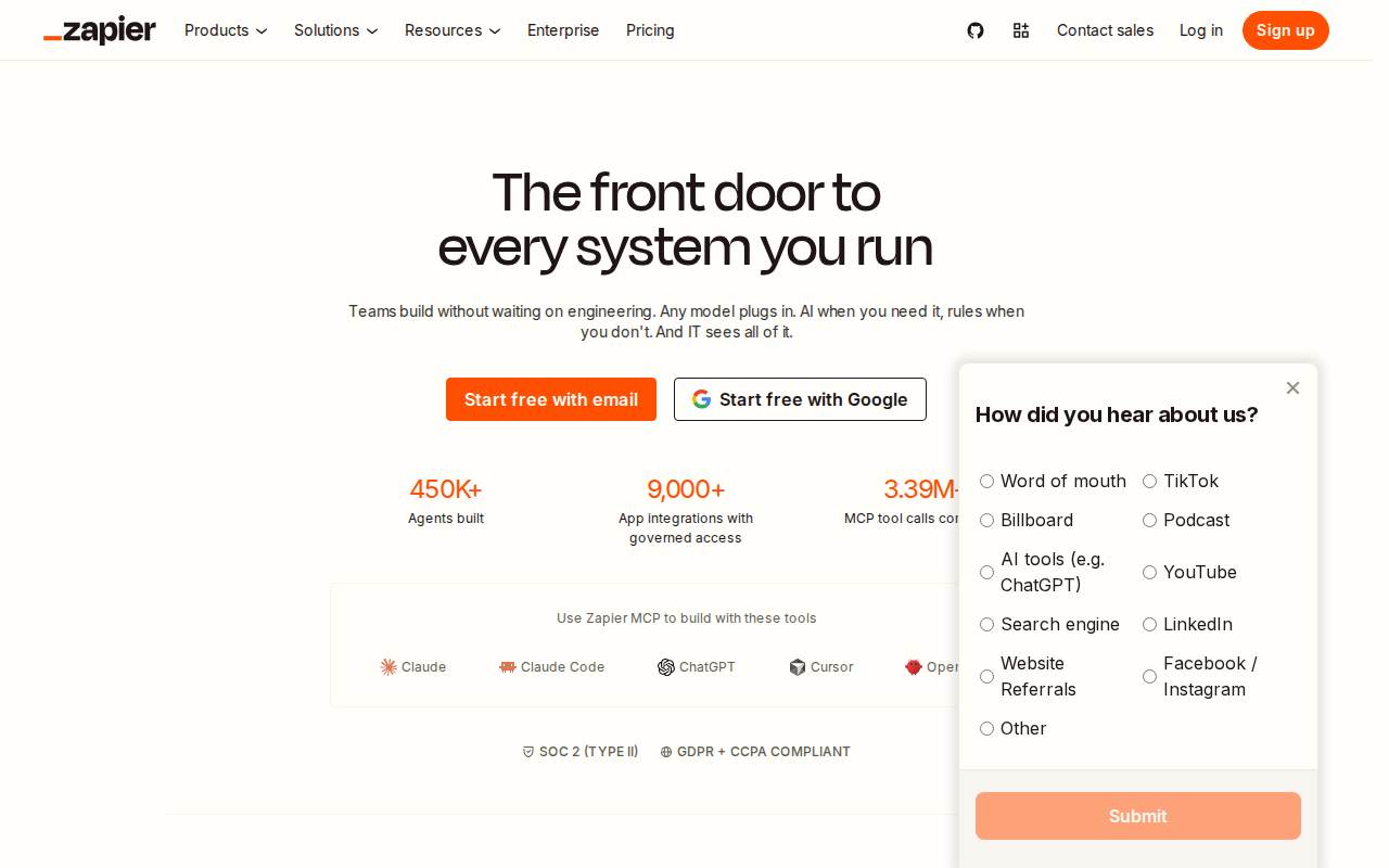 Zapier landing page