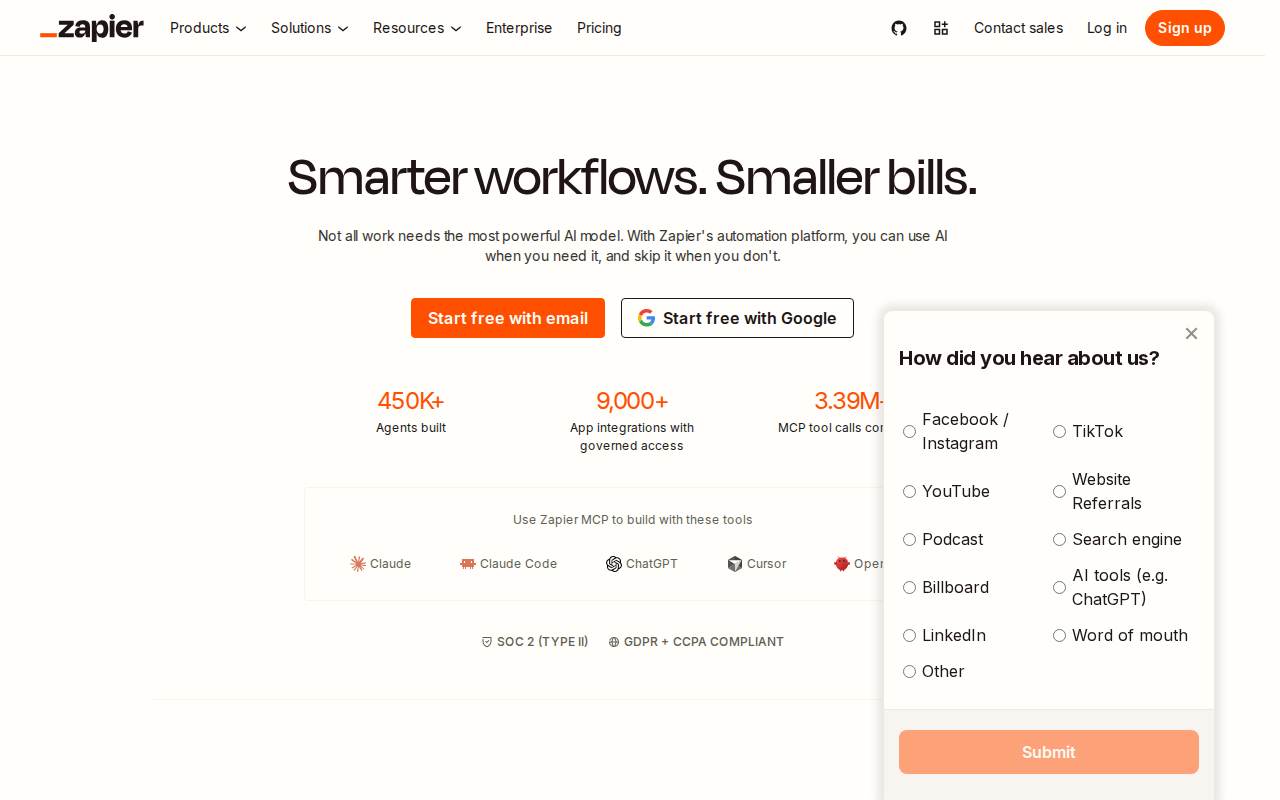 Zapier landing page